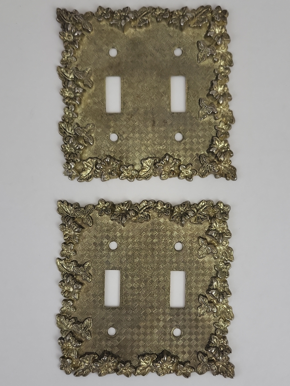 2 Vtg Ornate Metal Floral Double Toggle Switch Plate Covers Brass Tone 60s
